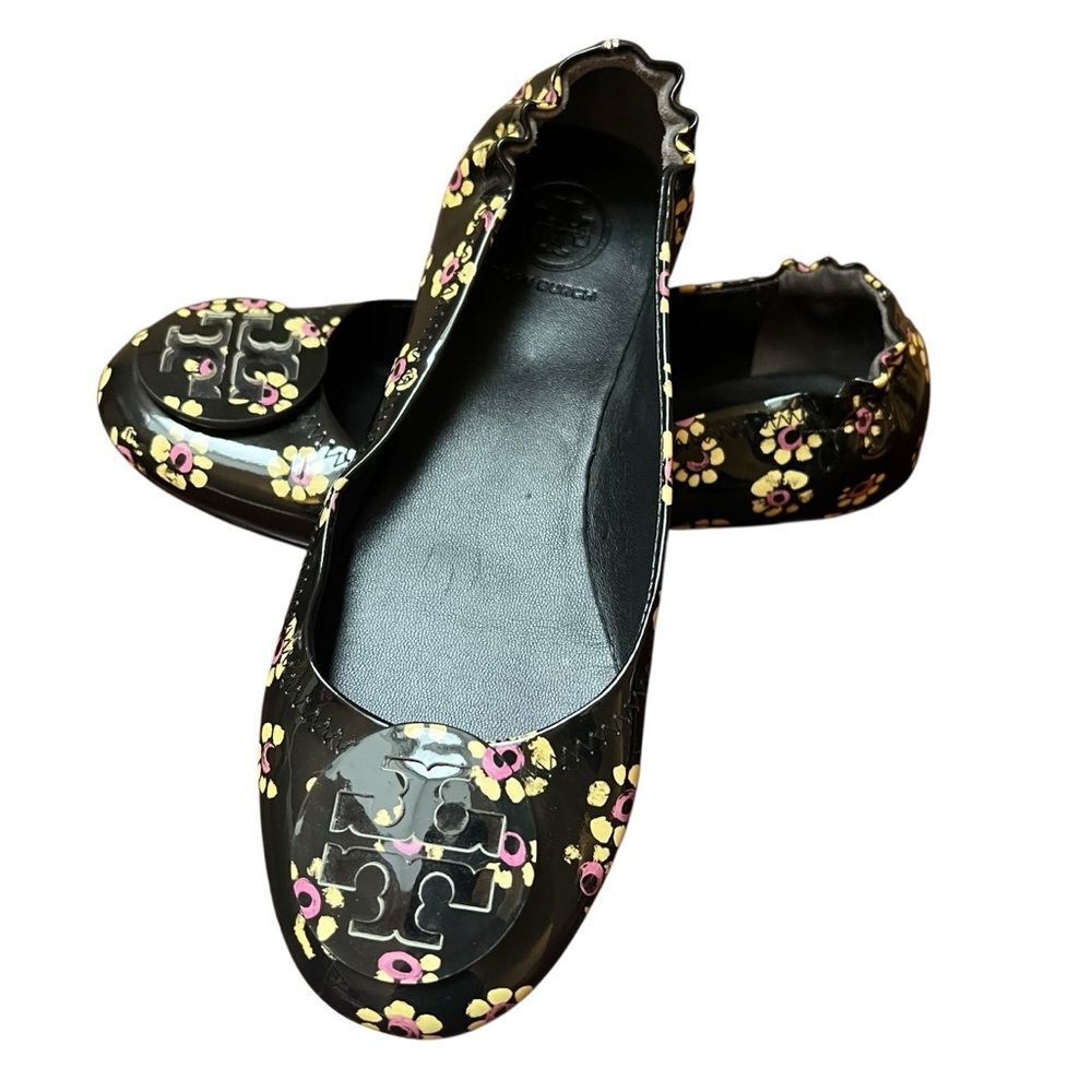 Tory Burch Minnie Travel Ballet Flats Black Patent Floral Print US 6.5